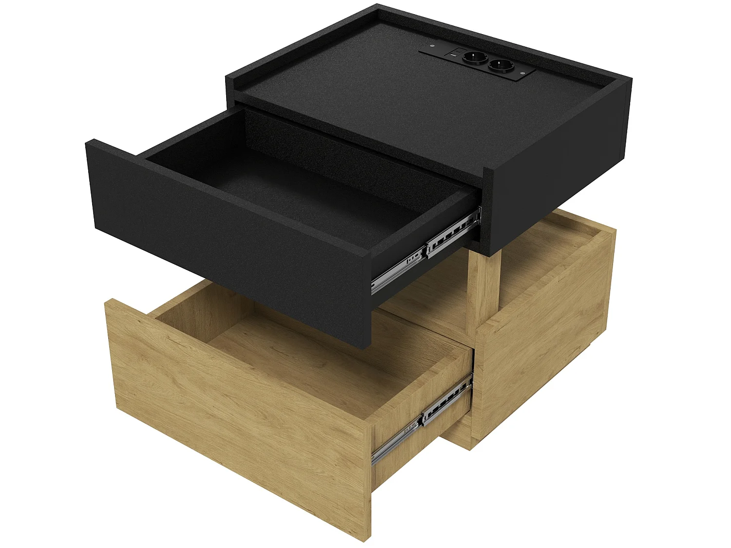 Comodino con illuminazione a LED, porta USB e 2 cassetti - Nero e legno