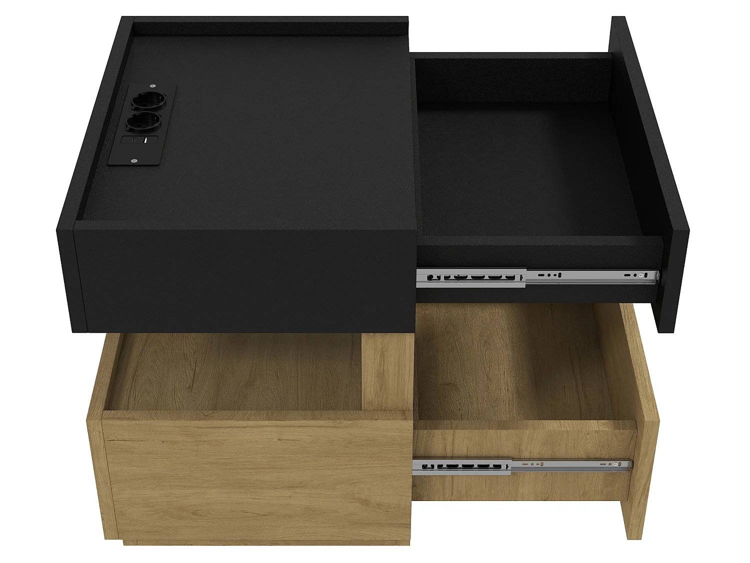 Comodino con illuminazione a LED, porta USB e 2 cassetti - Nero e legno