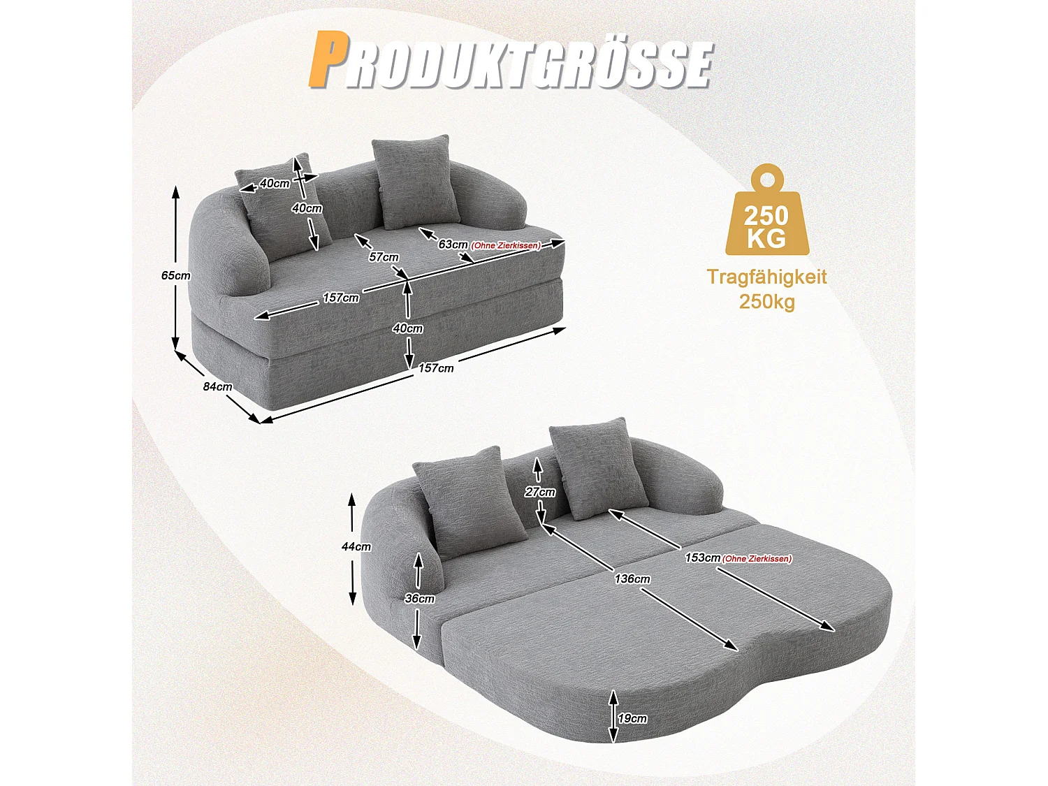 Tweezits slaapbank van chenille met 2 kussens - Lichtgrijs 157 x 84 x 65 cm