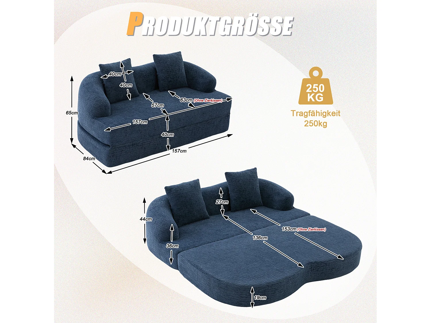 Tweezits slaapbank van chenille met 2 kussens - Marineblauw 157 x 84 x 65 cm