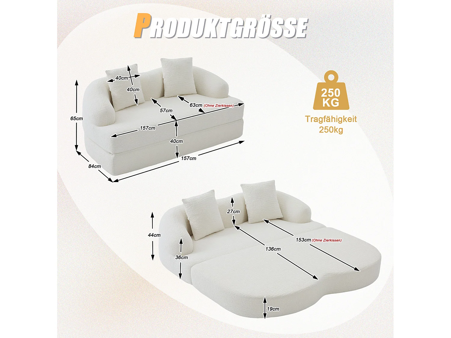 Tweezits slaapbank van chenille met 2 kussens - Beige 157 x 84 x 65 cm