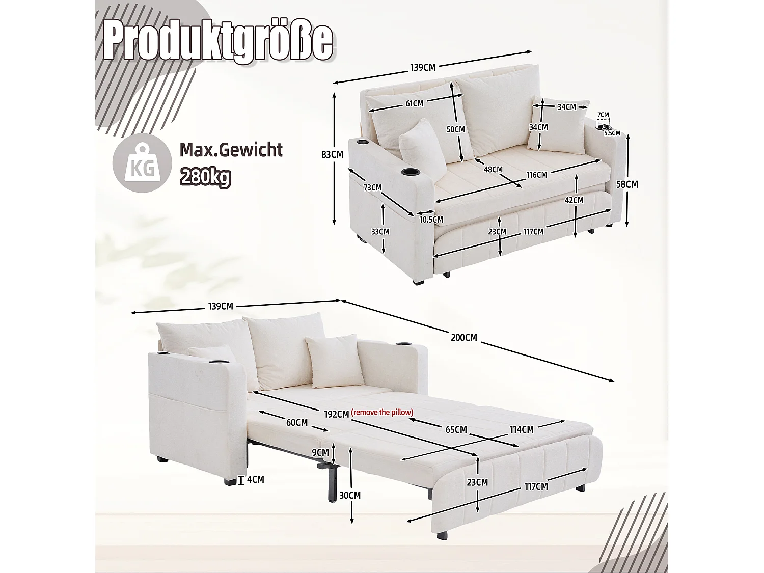 2-zits chenille slaapbank met USB-aansluiting en opbergvakken - Beige