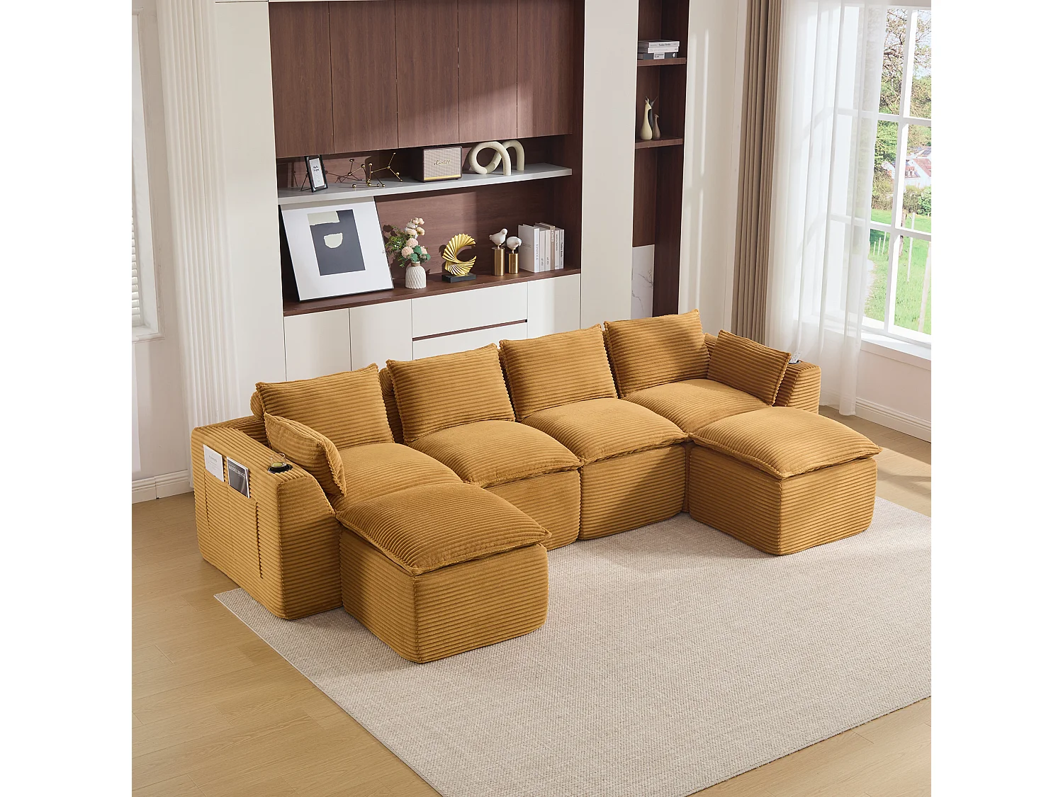 Canapé 4 places avec pouf en velours côtelé