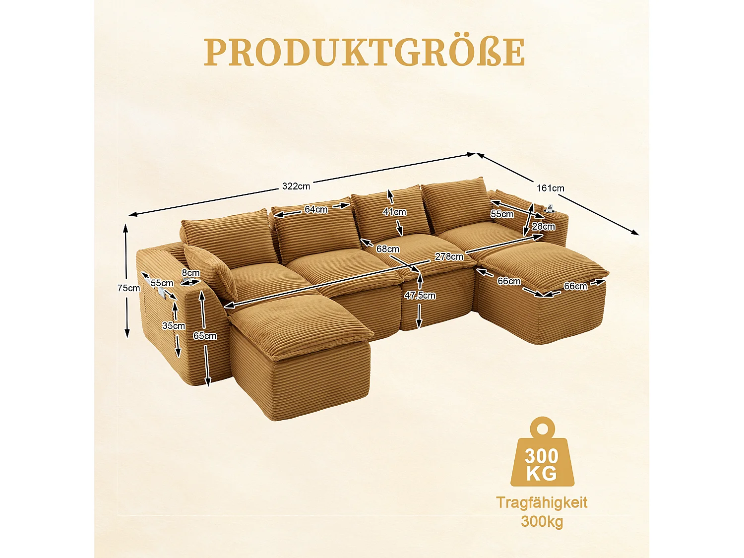 Canapé 4 places avec pouf en velours côtelé