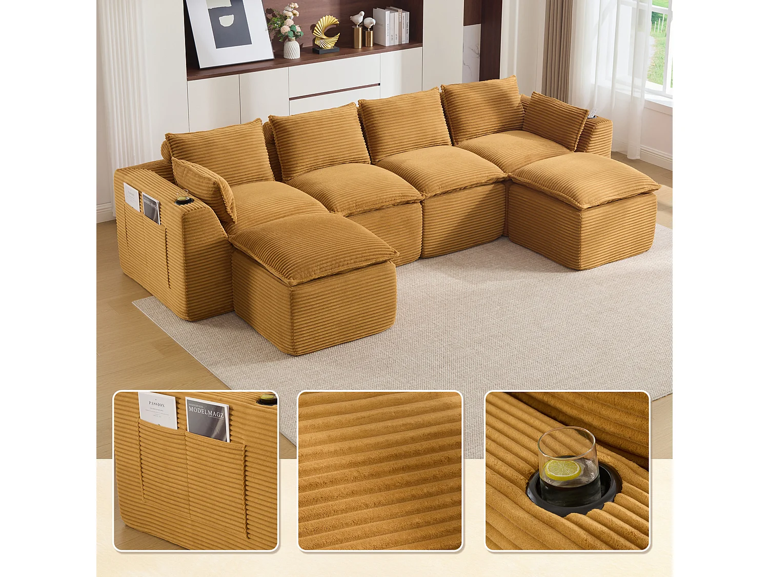 Canapé 4 places avec pouf en velours côtelé