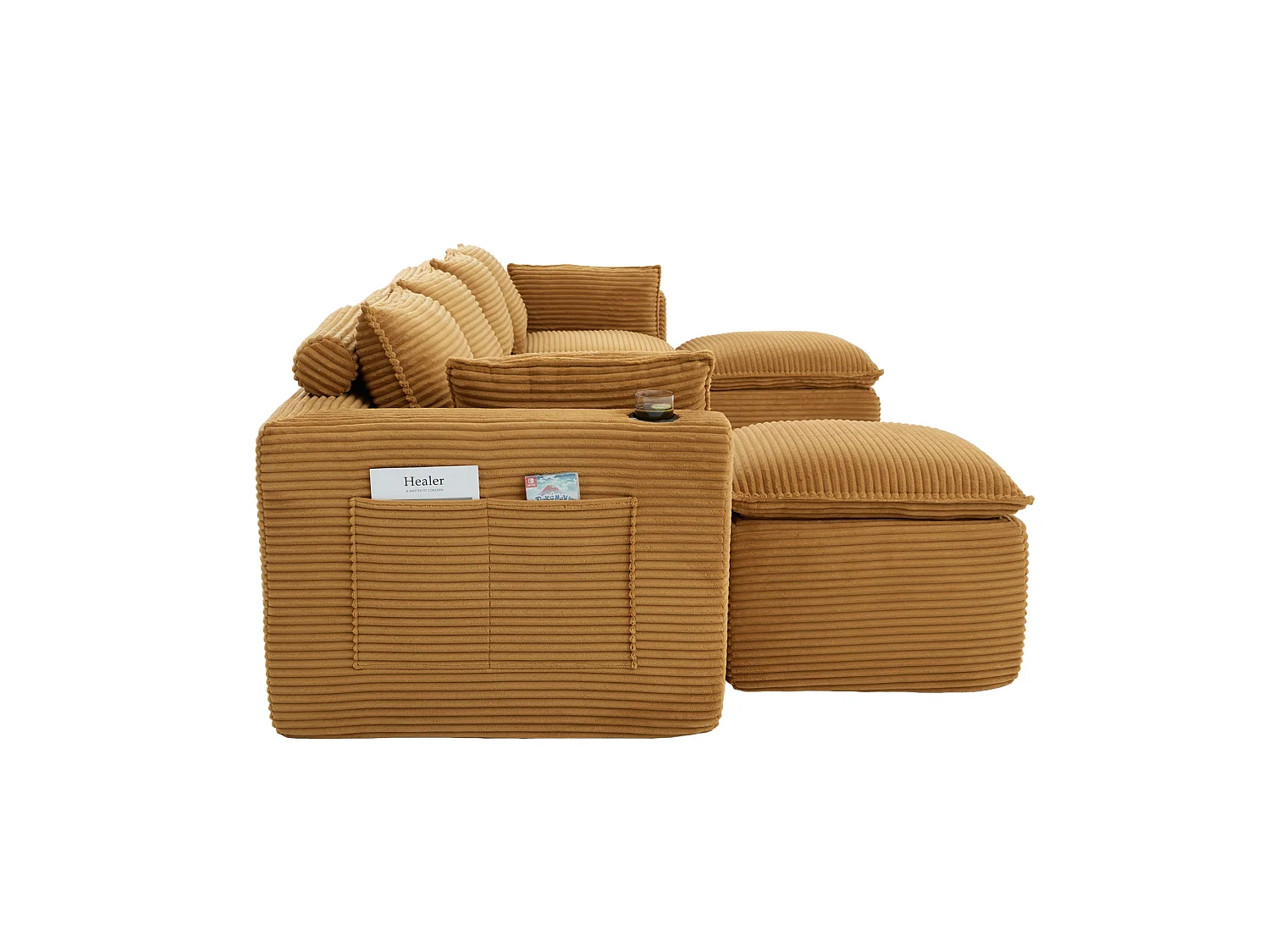 Canapé 4 places avec pouf en velours côtelé