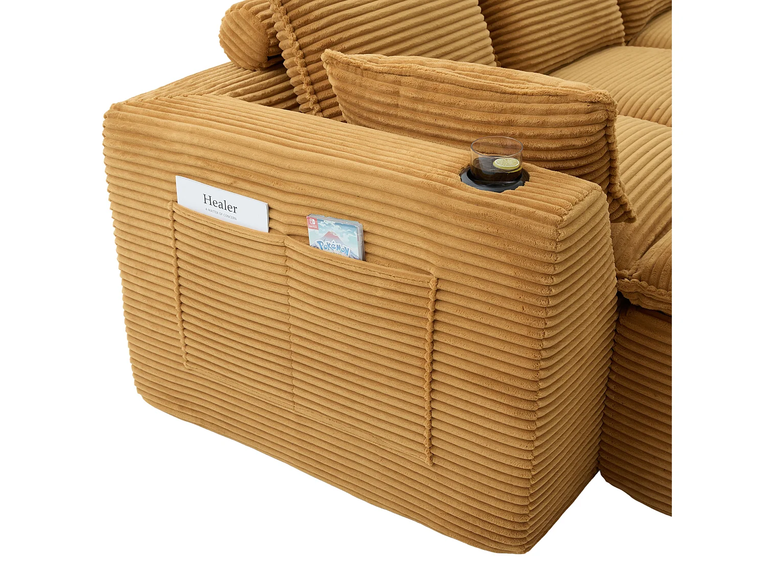 Canapé 4 places avec pouf en velours côtelé