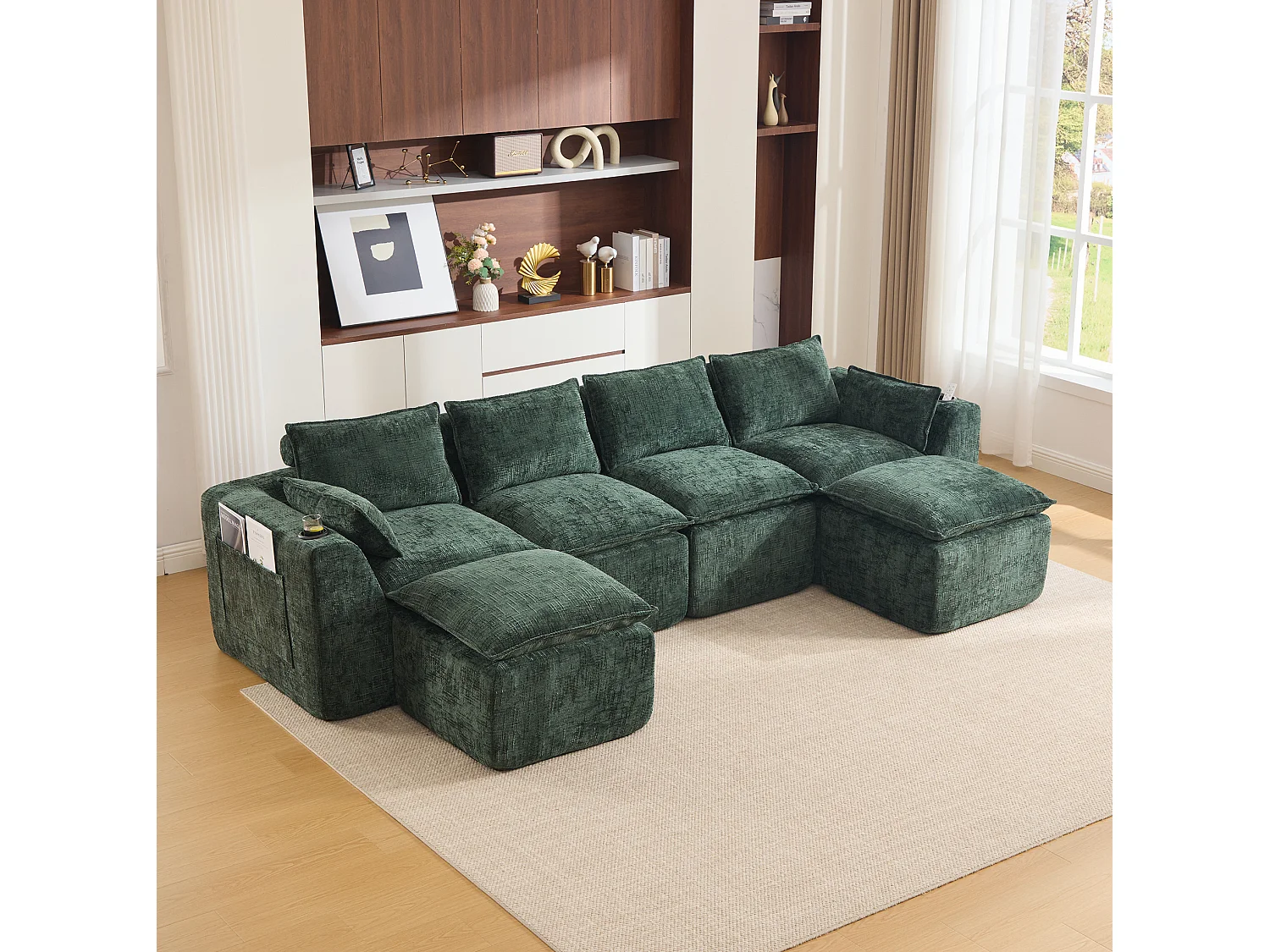 Modulär 4-sits soffa med kuddar och 2 fotpallar - Grönt chenilletyg