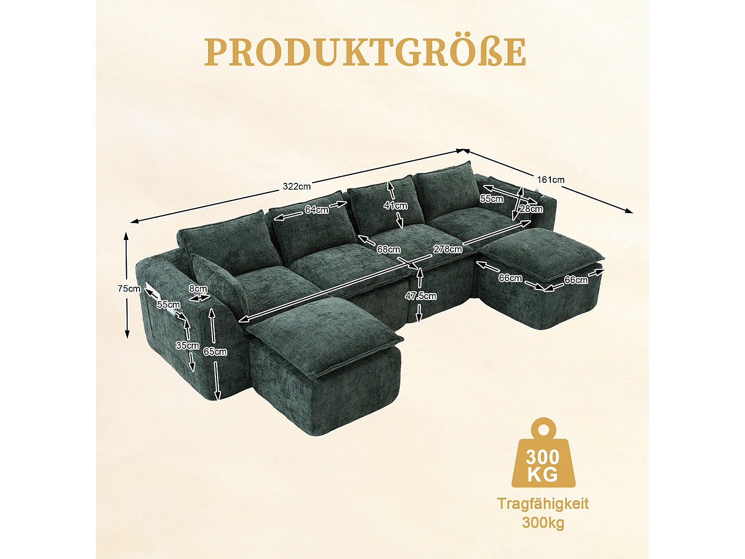 Modulär 4-sits soffa med kuddar och 2 fotpallar - Grönt chenilletyg