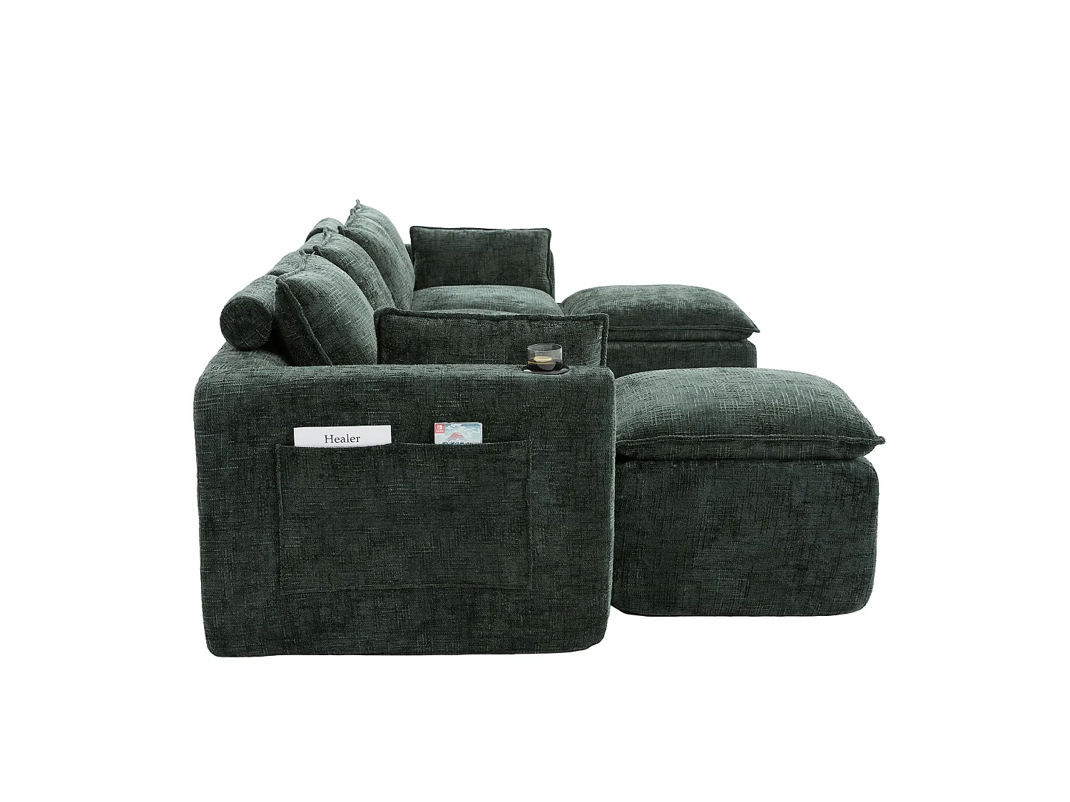 Modulär 4-sits soffa med kuddar och 2 fotpallar - Grönt chenilletyg
