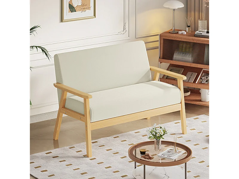 Canapé 2 places en tissu lin - cadre en bois - 107x60x76cm - Beige