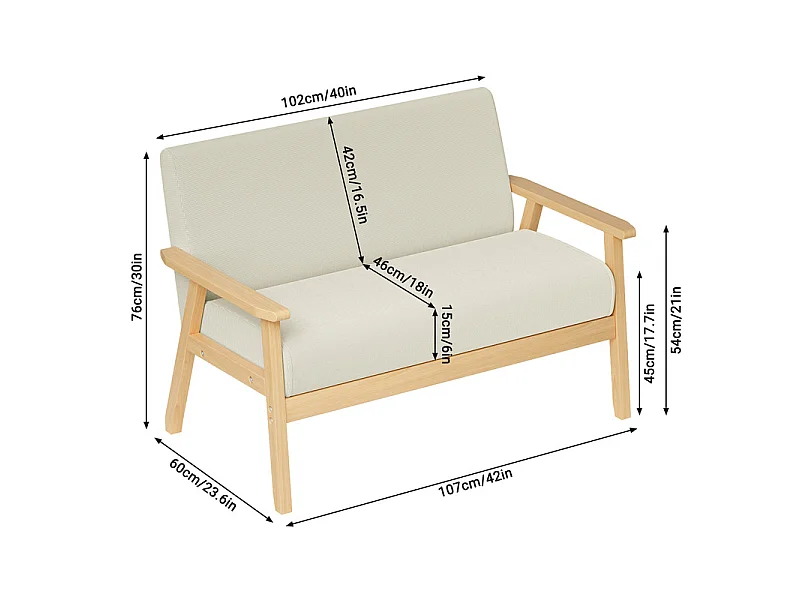 Canapé 2 places en tissu lin - cadre en bois - 107x60x76cm - Beige