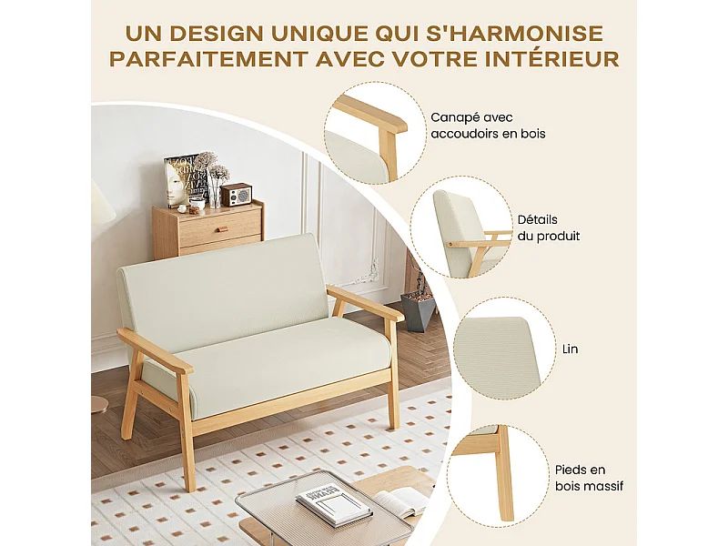 Canapé 2 places en tissu lin - cadre en bois - 107x60x76cm - Beige