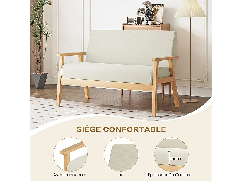 Canapé 2 places en tissu lin - cadre en bois - 107x60x76cm - Beige