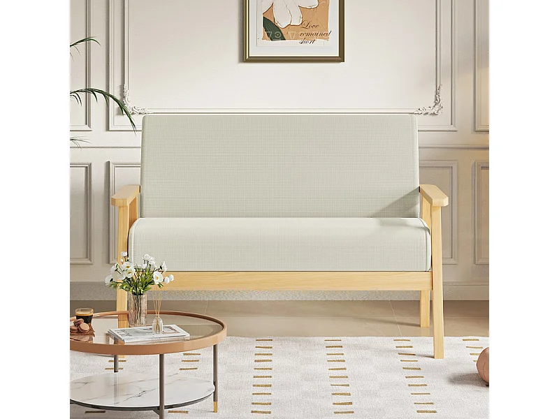 Canapé 2 places en tissu lin - cadre en bois - 107x60x76cm - Beige
