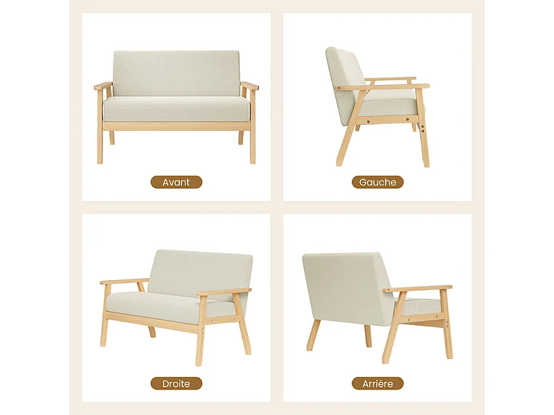 Canapé 2 places en tissu lin - cadre en bois - 107x60x76cm - Beige