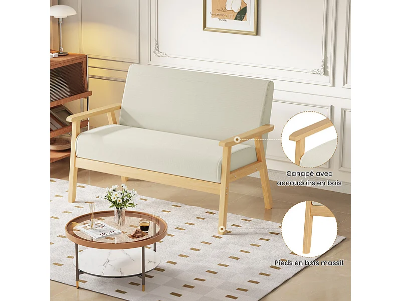 Canapé 2 places en tissu lin - cadre en bois - 107x60x76cm - Beige