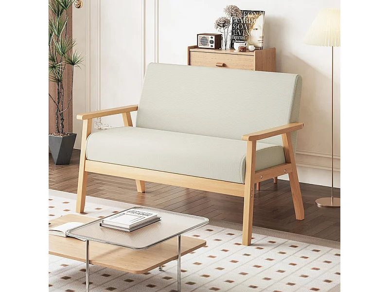 Canapé 2 places en tissu lin - cadre en bois - 107x60x76cm - Beige