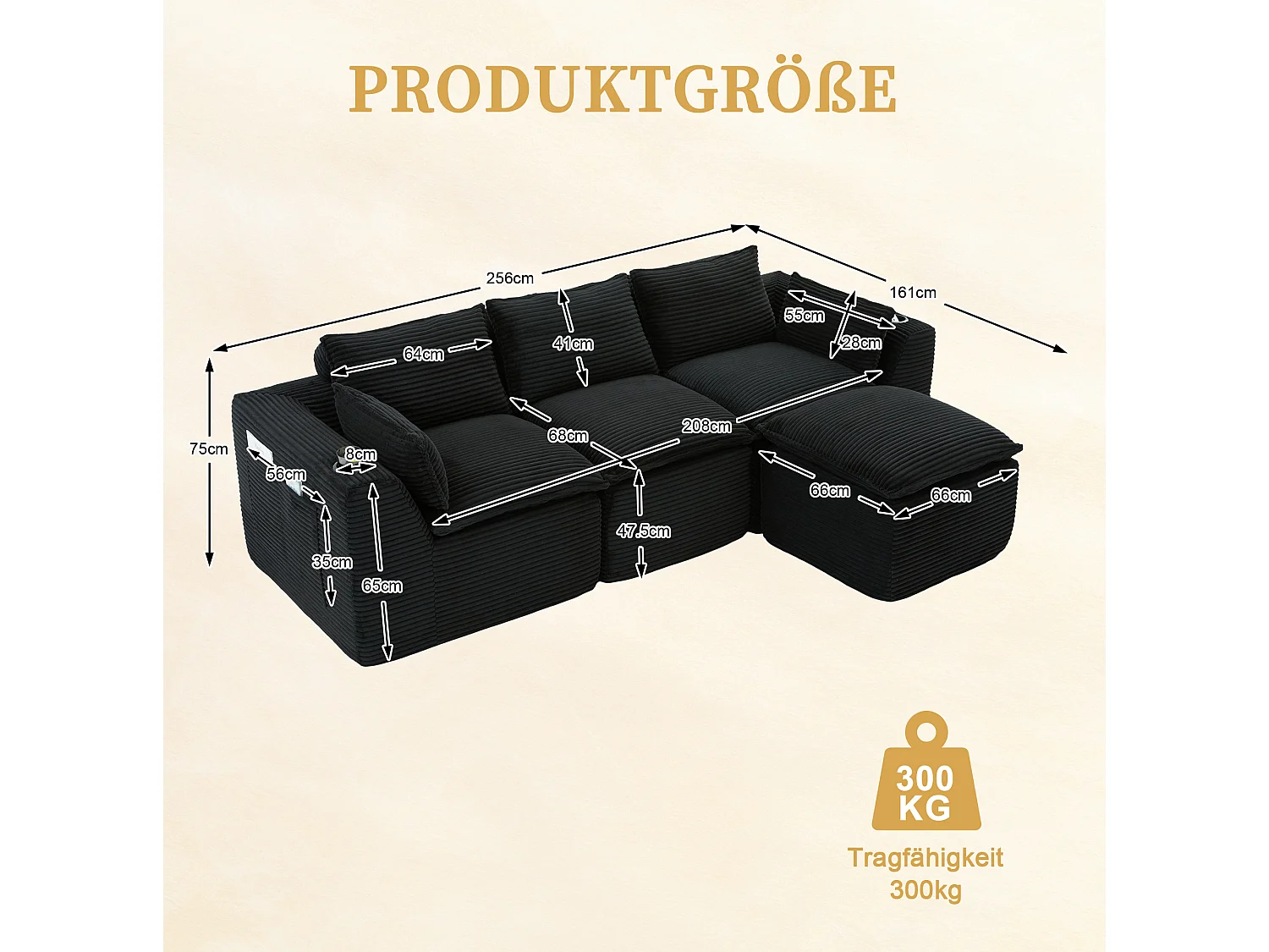 Modulaire 3-zits corduroy bank met poef en zijvakken - Zwart