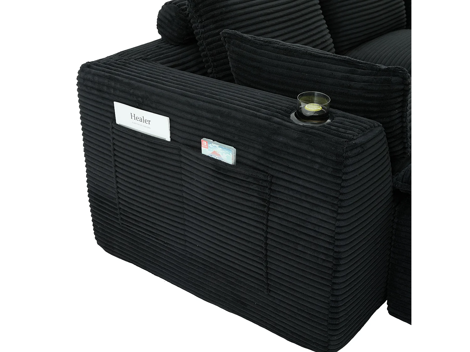 Modulaire 3-zits corduroy bank met poef en zijvakken - Zwart