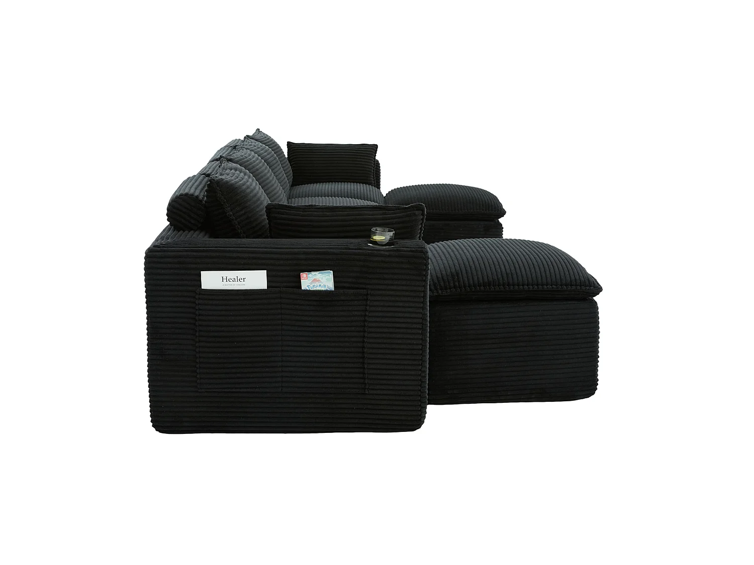 Modulaire 4-zitsbank met kussens en 2 voetenbankjes - Zwart corduroy