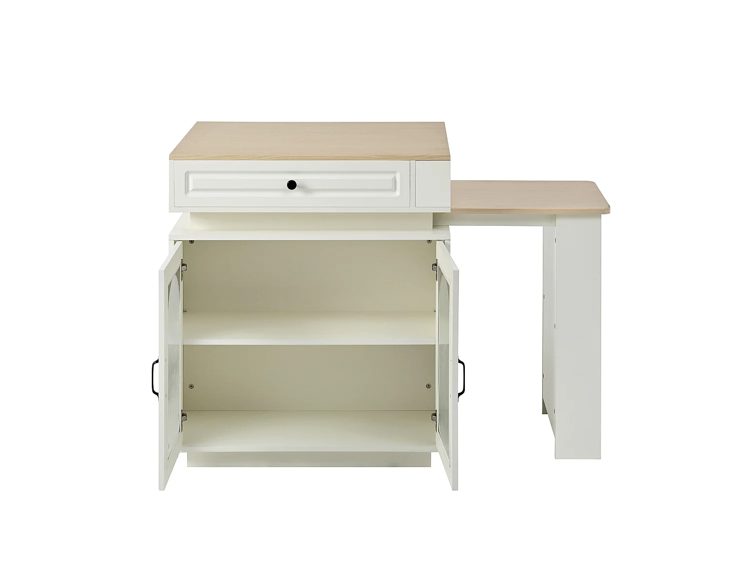 Îlot central extensible avec LED, USB/Type-C, tiroirs et portes - Meuble de bar blanc