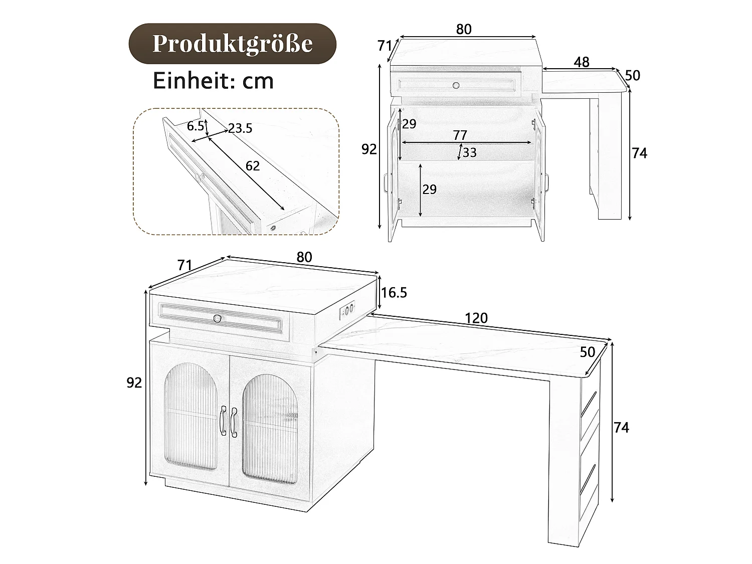 Îlot central extensible avec LED, USB/Type-C, tiroirs et portes - Meuble de bar blanc
