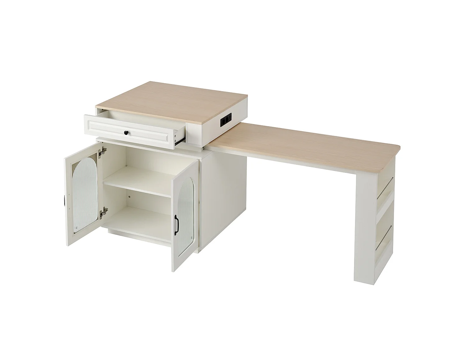 Îlot central extensible avec LED, USB/Type-C, tiroirs et portes - Meuble de bar blanc