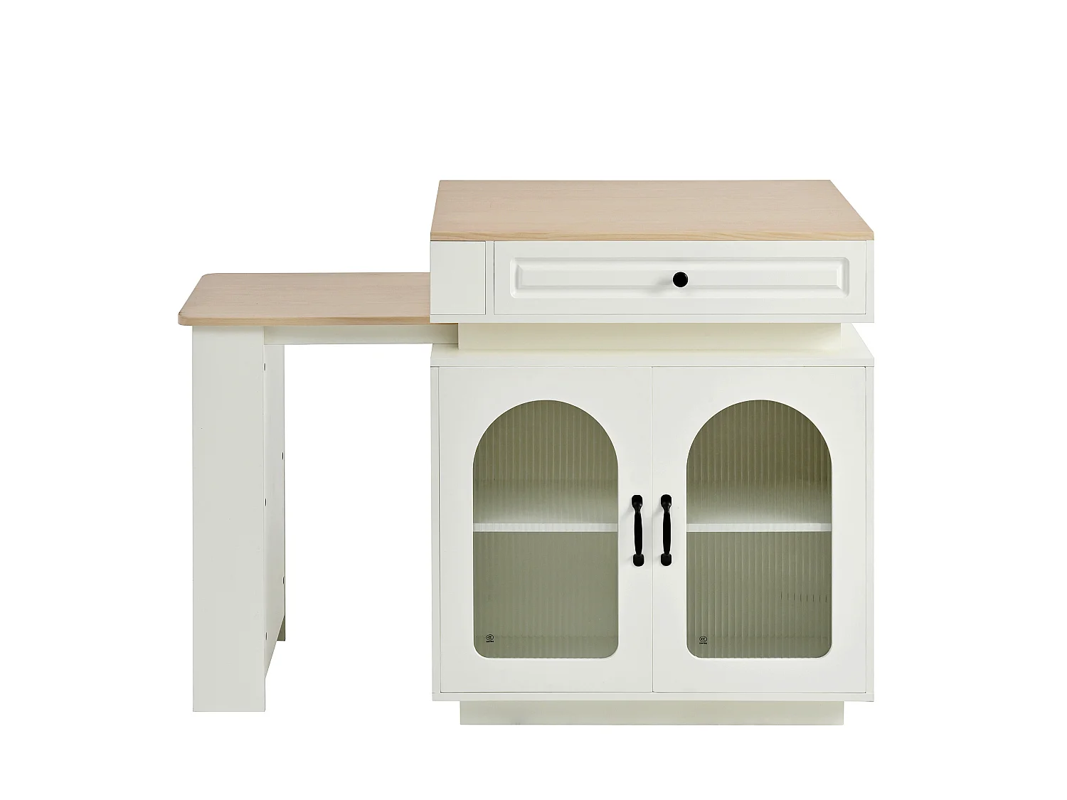 Îlot central extensible avec LED, USB/Type-C, tiroirs et portes - Meuble de bar blanc