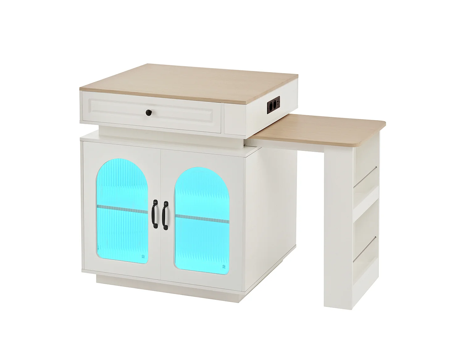 Îlot central extensible avec LED, USB/Type-C, tiroirs et portes - Meuble de bar blanc