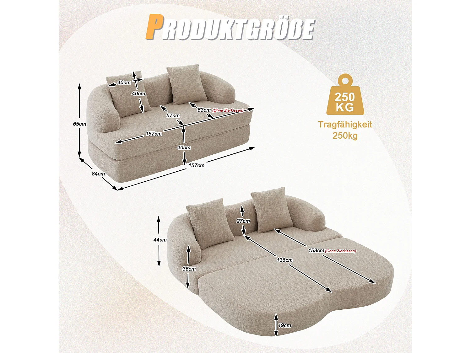 Tweezits slaapbank van chenille met 2 kussens - Khaki 157 x 84 x 65 cm