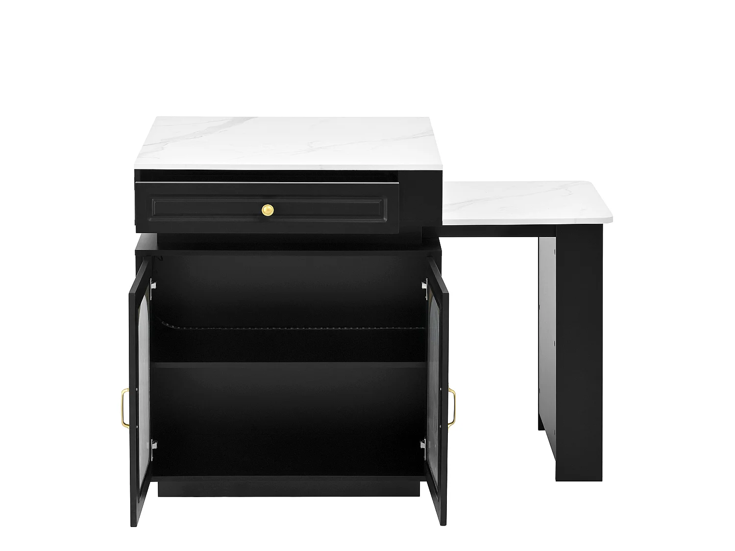 Îlot central extensible avec LED, USB/Type-C, tiroirs et portes - Meuble de bar noir