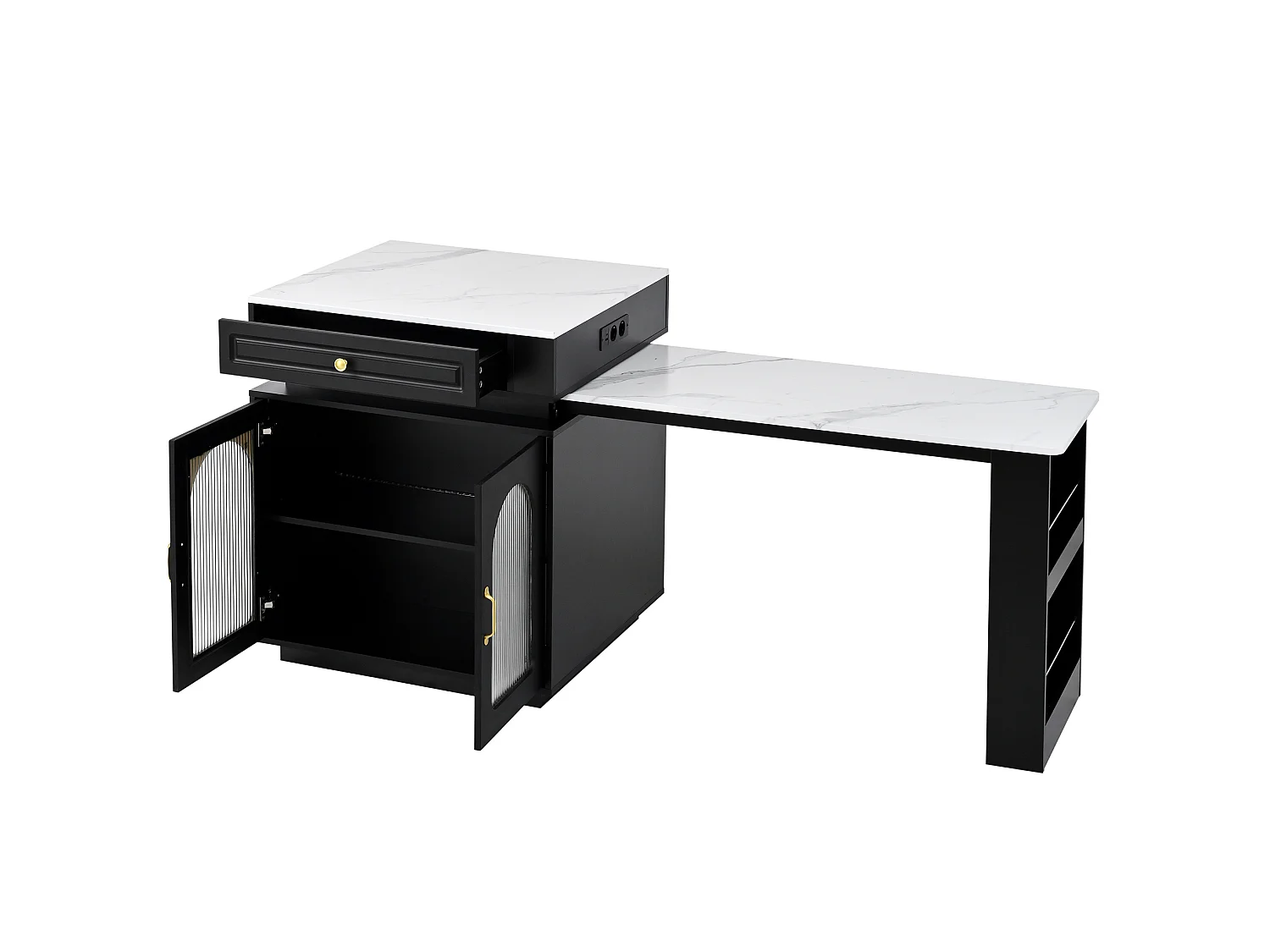 Îlot central extensible avec LED, USB/Type-C, tiroirs et portes - Meuble de bar noir