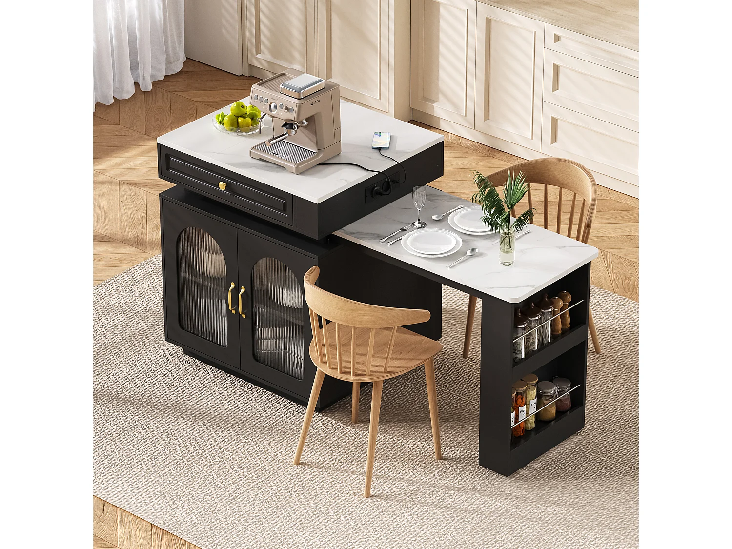 Îlot central extensible avec LED, USB/Type-C, tiroirs et portes - Meuble de bar noir