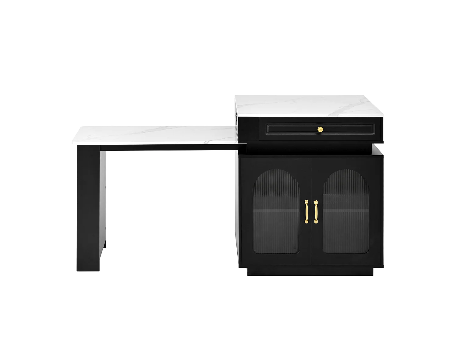Îlot central extensible avec LED, USB/Type-C, tiroirs et portes - Meuble de bar noir