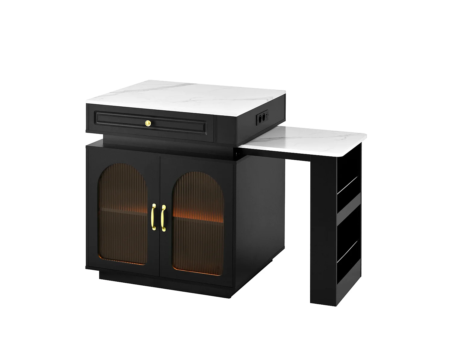 Îlot central extensible avec LED, USB/Type-C, tiroirs et portes - Meuble de bar noir