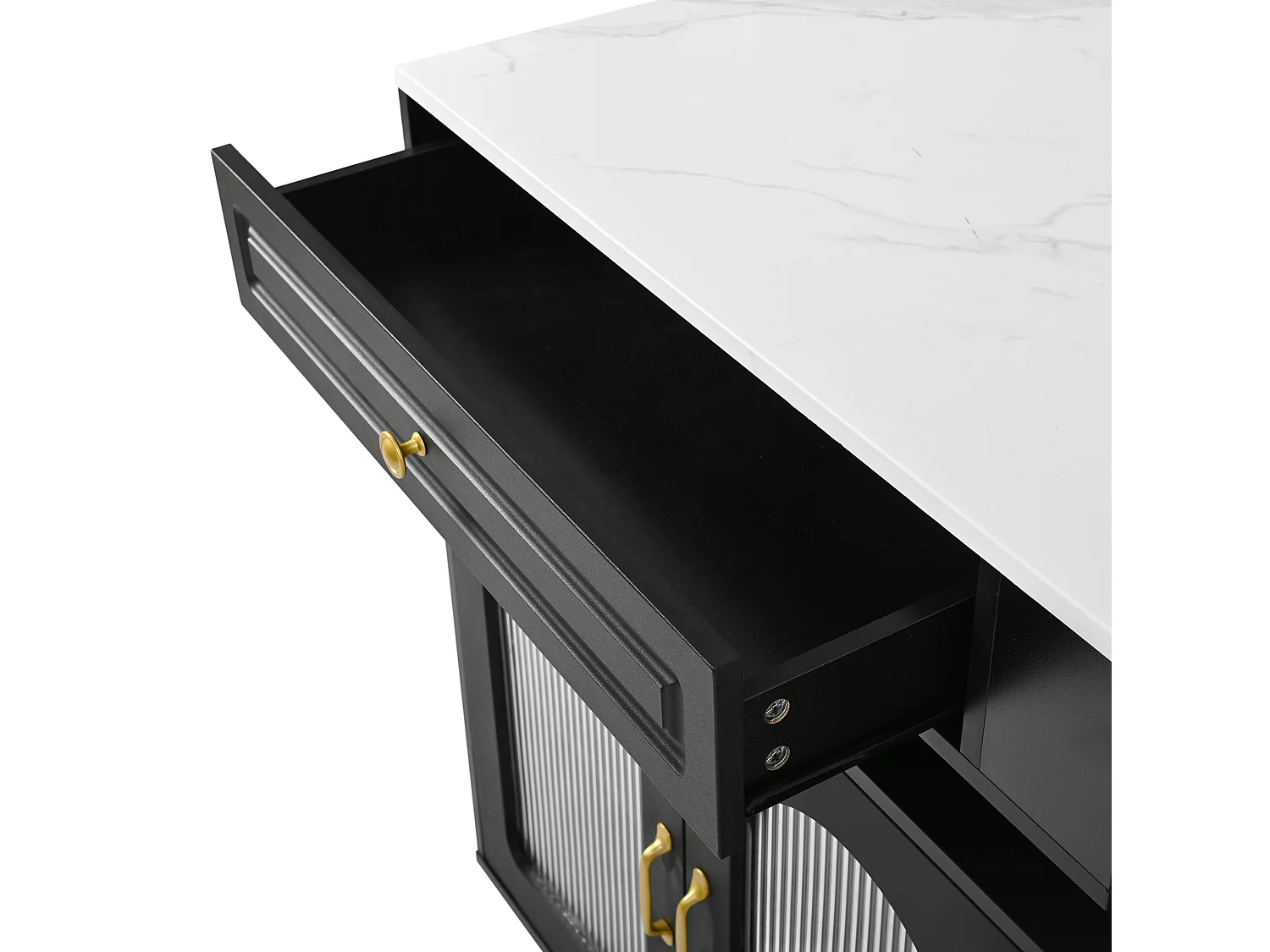 Îlot central extensible avec LED, USB/Type-C, tiroirs et portes - Meuble de bar noir