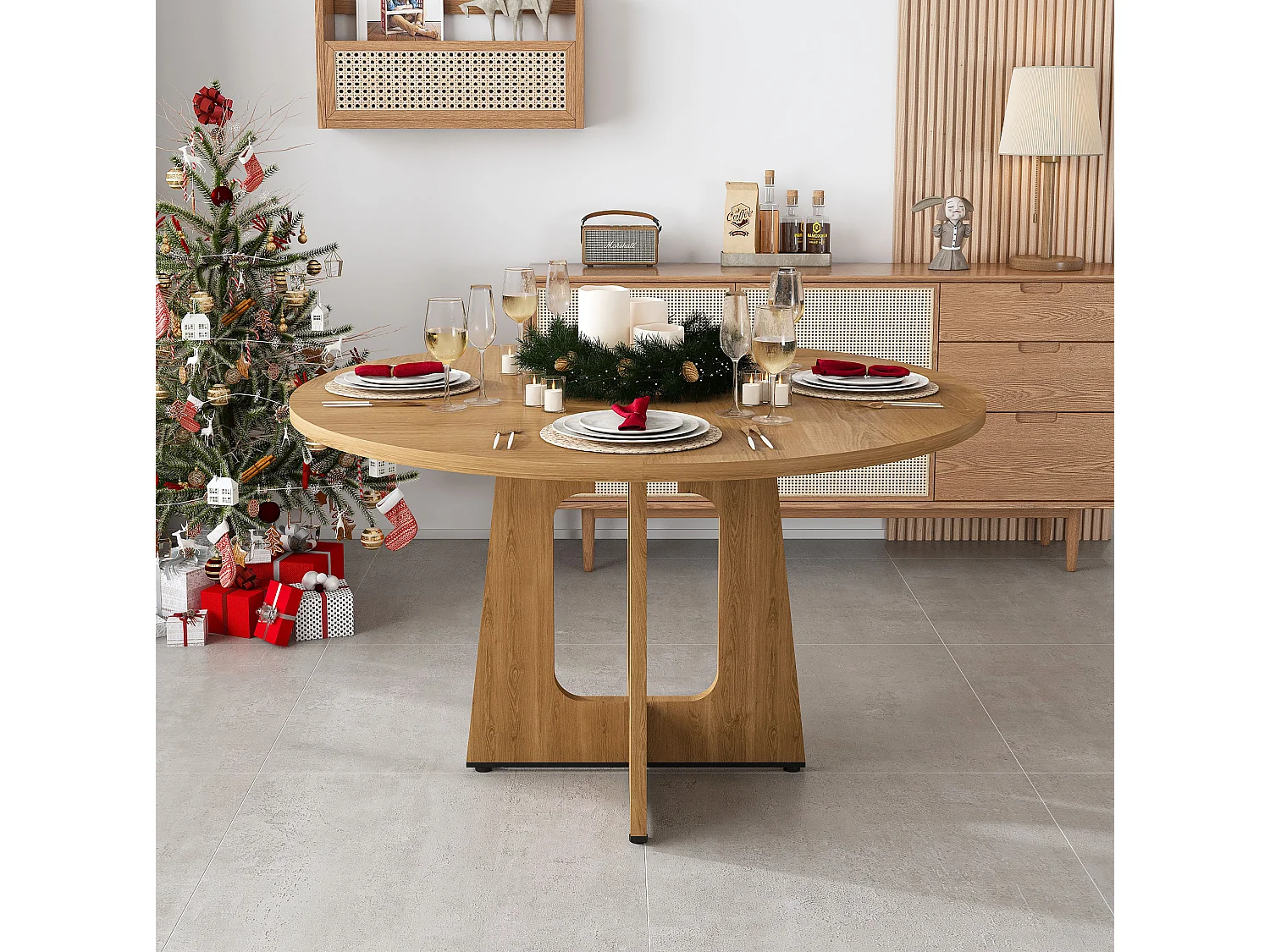 Table à manger ronde modulable de 120 cm en MDF - Pour 4 personnes - Naturel foncé