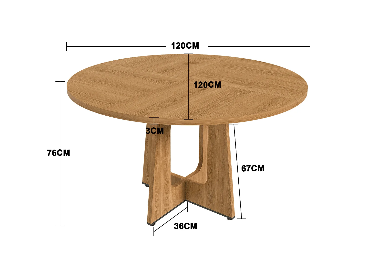 Table à manger ronde modulable de 120 cm en MDF - Pour 4 personnes - Naturel foncé