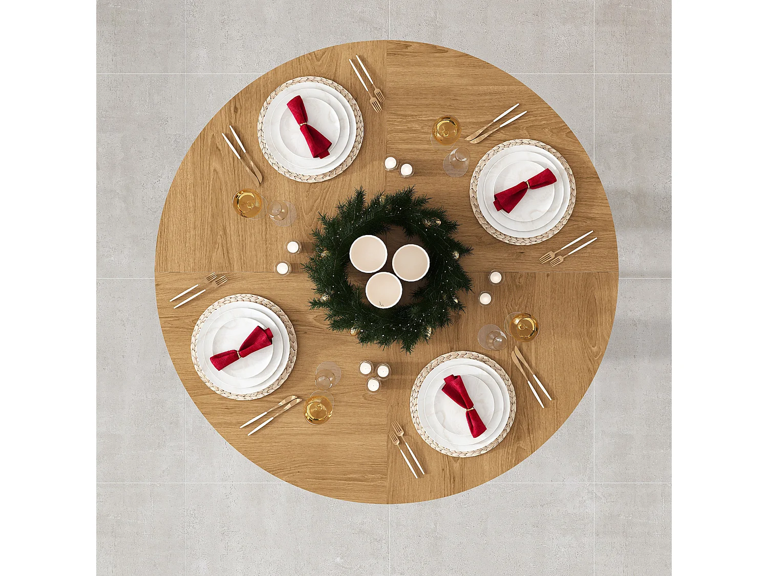 Table à manger ronde modulable de 120 cm en MDF - Pour 4 personnes - Naturel foncé