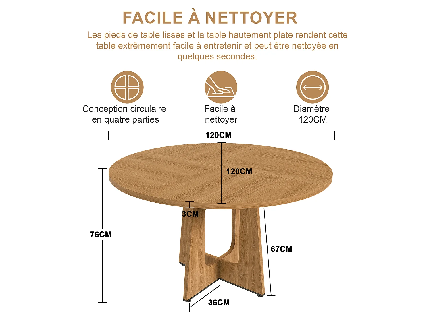 Table à manger ronde modulable de 120 cm en MDF - Pour 4 personnes - Naturel foncé