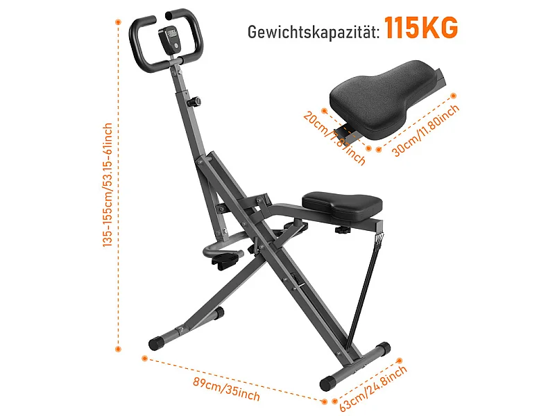 Squat assist ro-maskine - Justerbar Modstand - med LCD Skærm - til Arme, Baller og Ben - Grå
