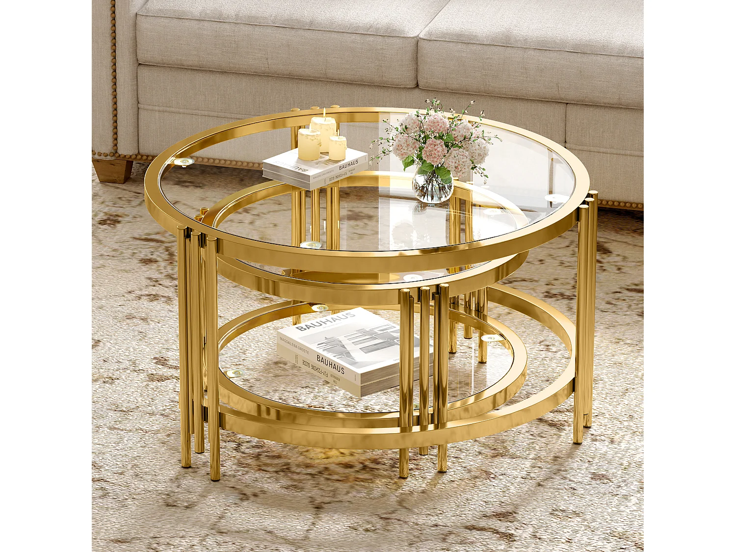 Tables basses gigogne avec plateau en verre - Cadre en métal - Doré