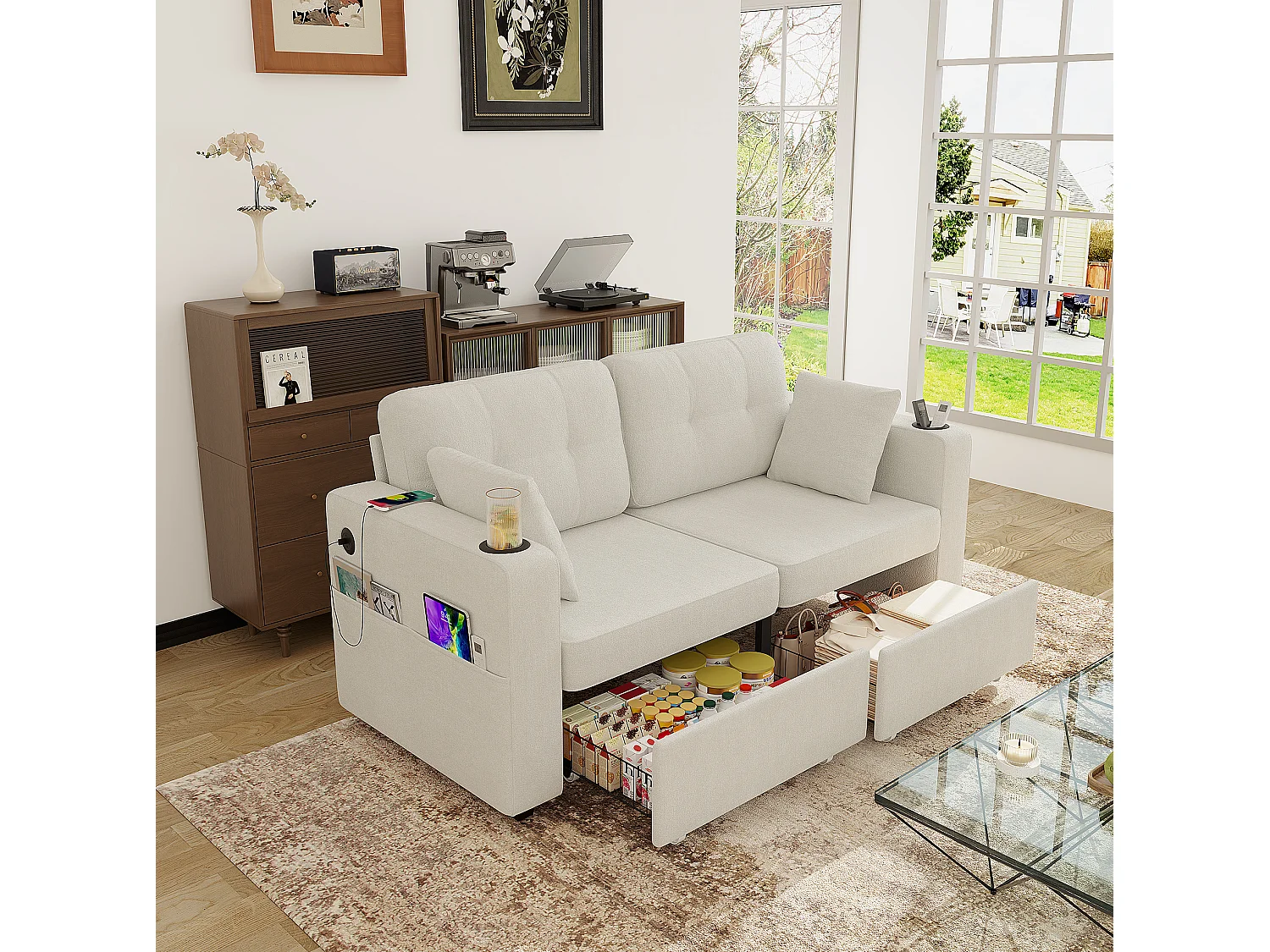 Tweezitsbank van chenille met twee lades, bekerhouders en USB-poorten - Beige