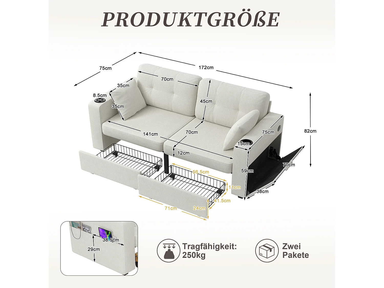 Tweezitsbank van chenille met twee lades, bekerhouders en USB-poorten - Beige