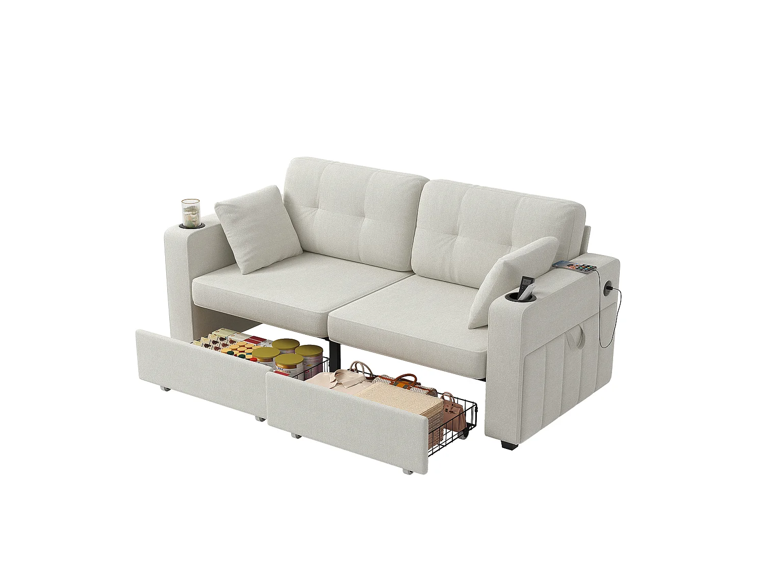 Tweezitsbank van chenille met twee lades, bekerhouders en USB-poorten - Beige