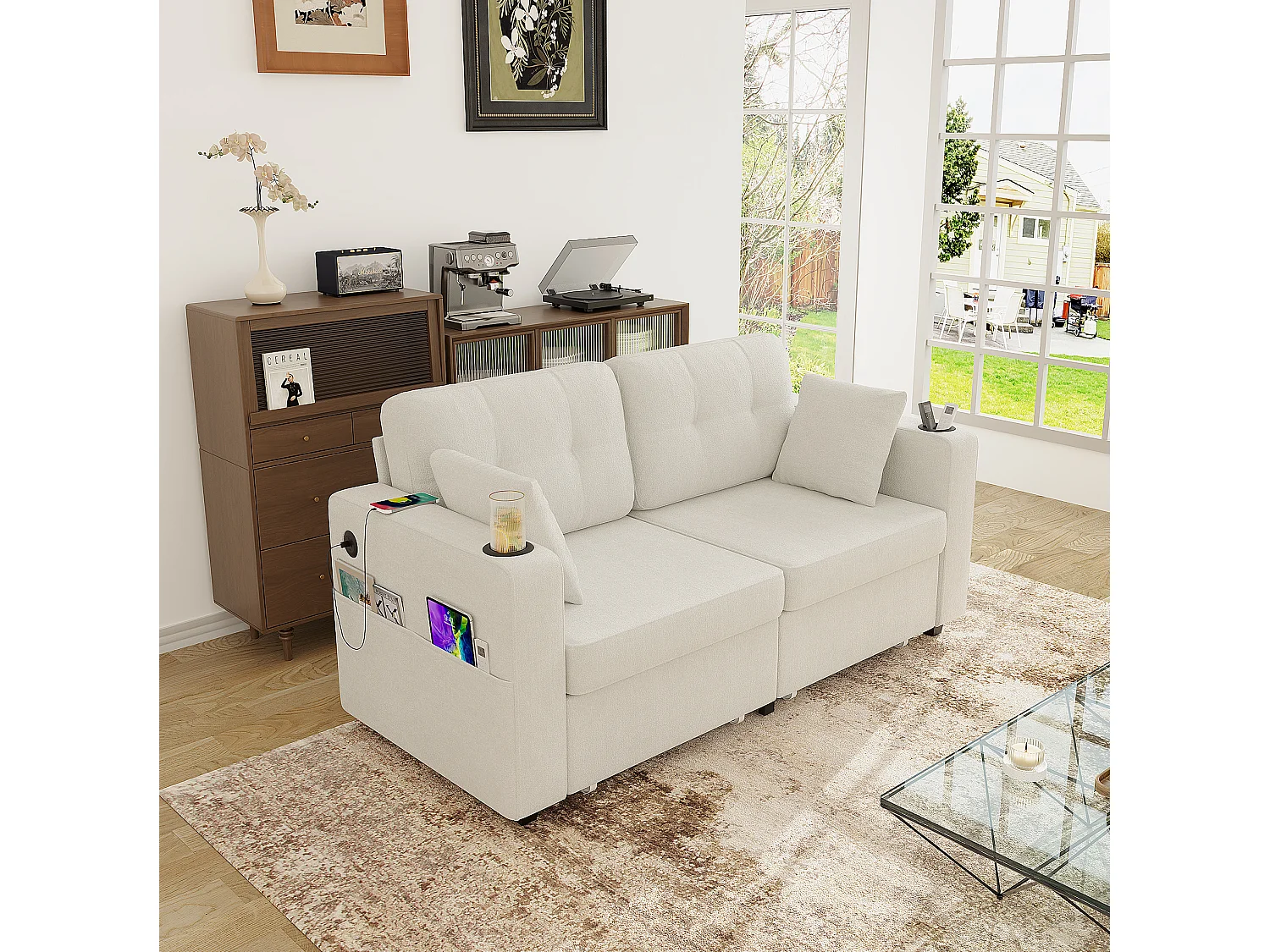 Tweezitsbank van chenille met twee lades, bekerhouders en USB-poorten - Beige