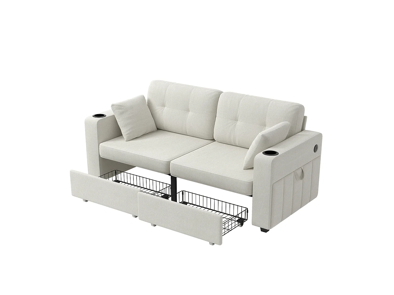 Tweezitsbank van chenille met twee lades, bekerhouders en USB-poorten - Beige
