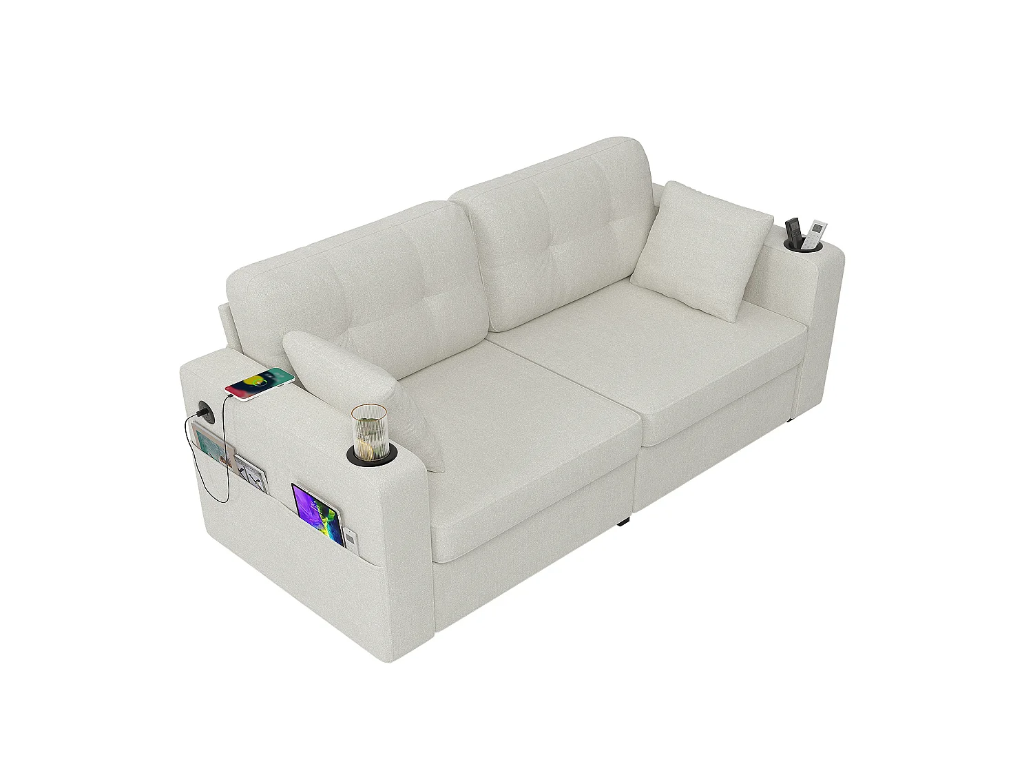 Tweezitsbank van chenille met twee lades, bekerhouders en USB-poorten - Beige