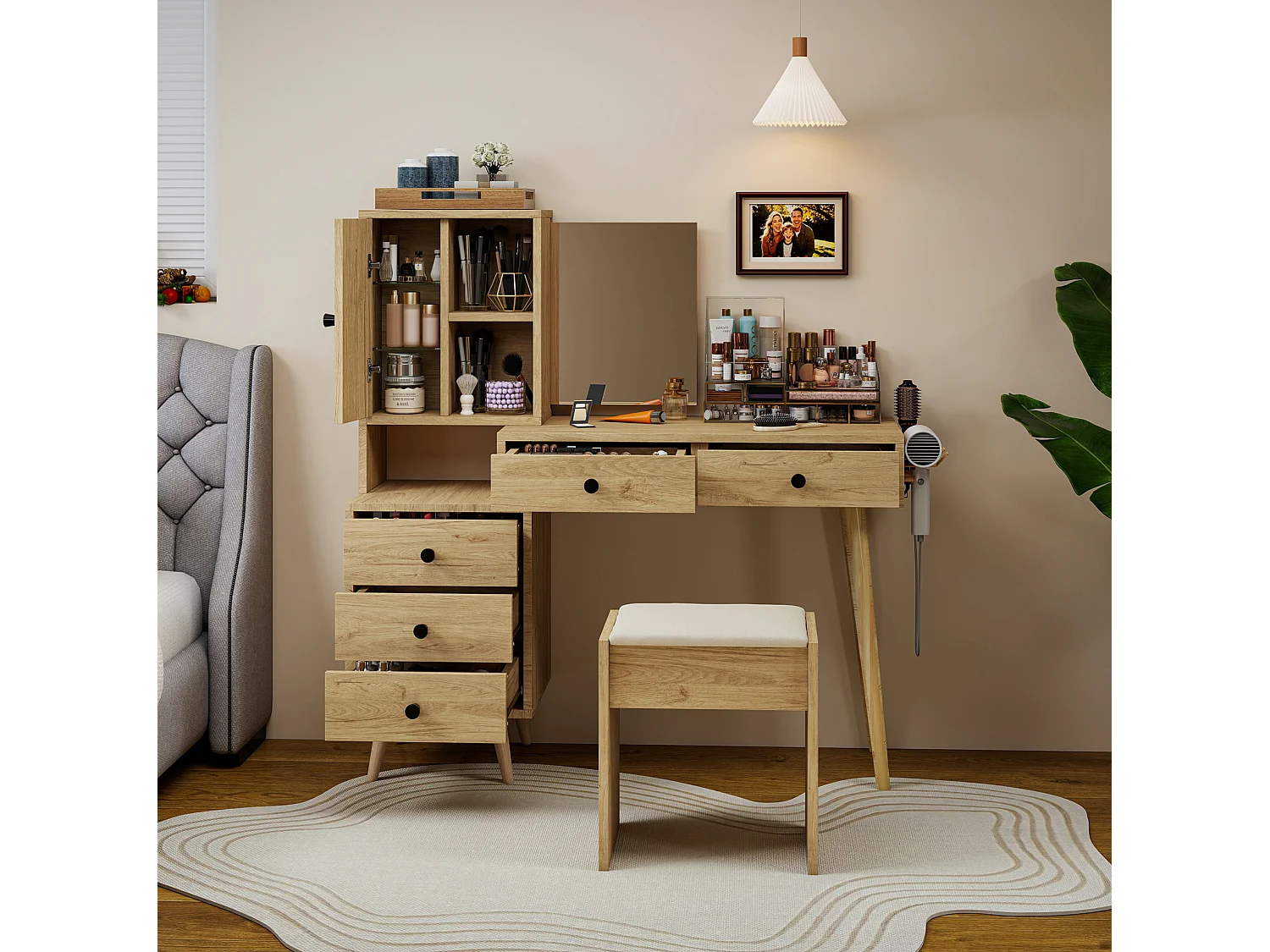 Coiffeuse avec miroir escamotable, 5 tiroirs et tabouret - Bois naturel